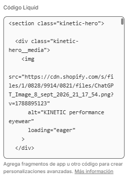 Fragmento de código Liquid del hero de KINETIC